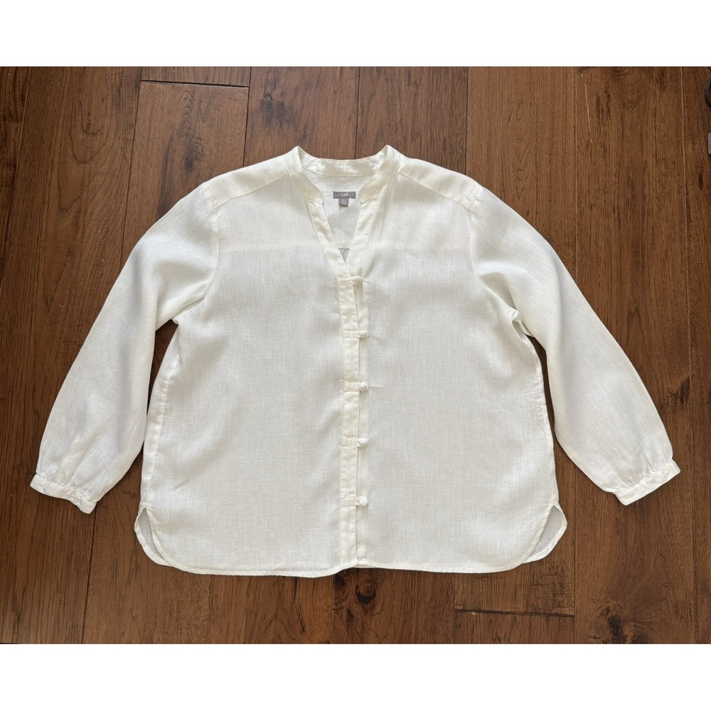 J.Jill 100% Linen Mandarin Collar Frog Button Blouse/Top Cream Womens PL Coastal